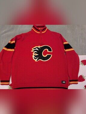 Calgary Flames Vintage Ilanco Red Quarter Zip NHL Knit Sweater XL